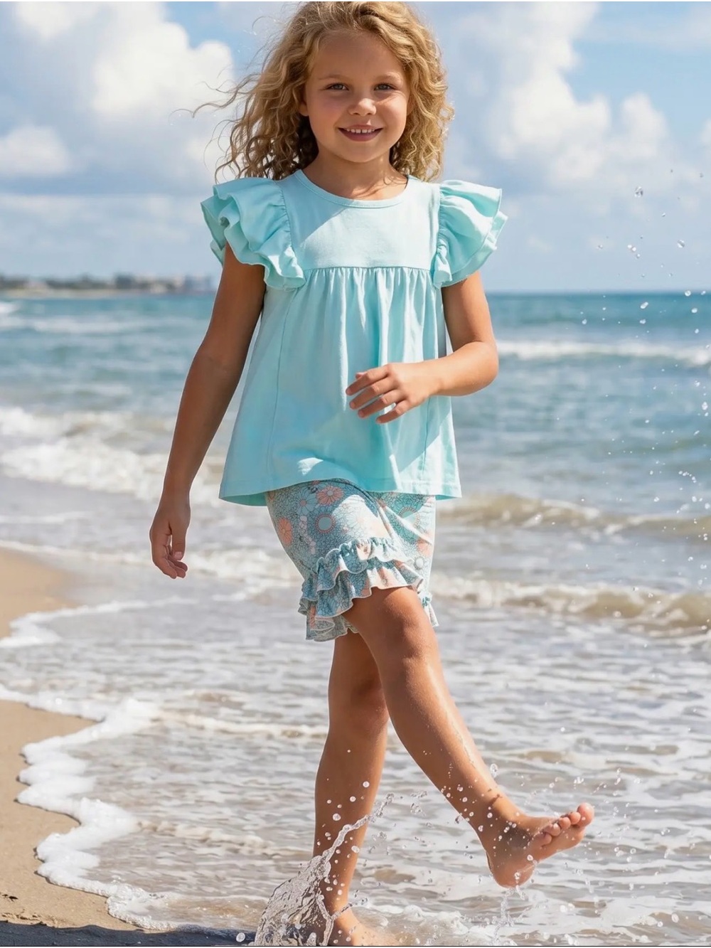 Adorable Sweetness Kids Sophia Light Teal Floral Summer Spring Ruffle Short Set